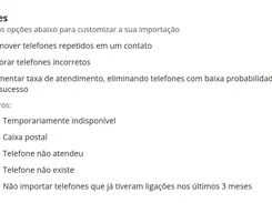 Import options screen with selected checkboxes for duplicate, invalid, and low-probability telephone-number filtering.