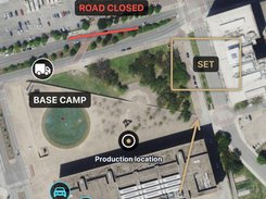 Site Map: mark base camp, crew parking, the set and road closures on satellite imagery