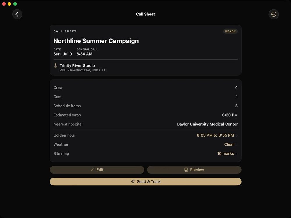 CallSheet on Mac: a finished shoot day call sheet