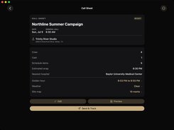 CallSheet on Mac: a finished shoot day call sheet