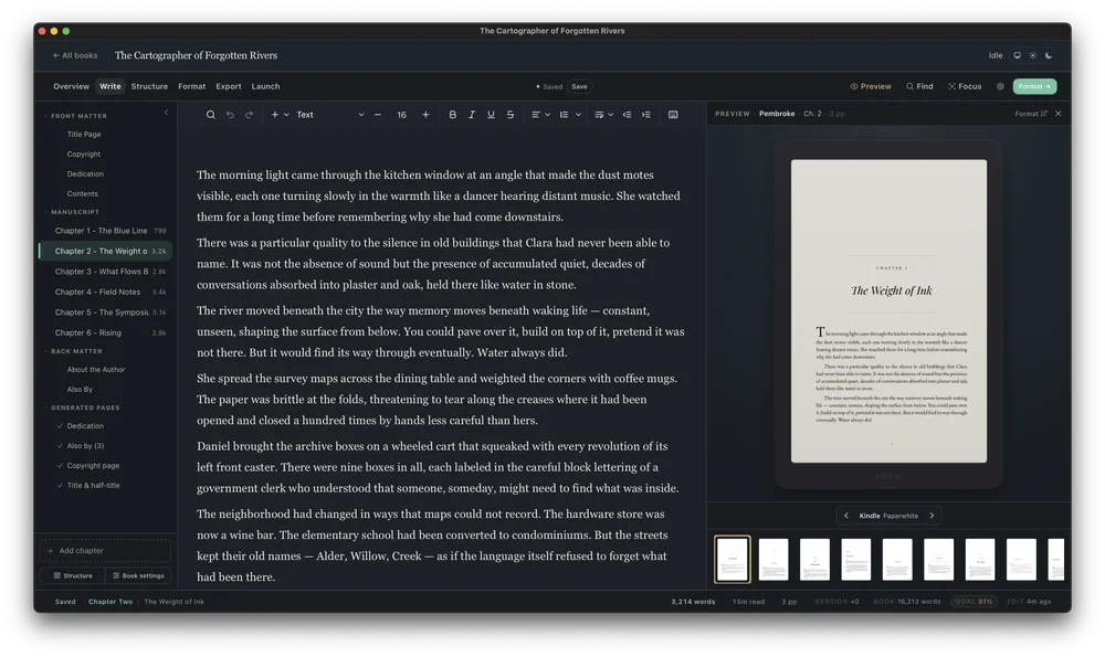 Cambric writing workspace with manuscript chapters, rich-text editor, and Kindle page preview.