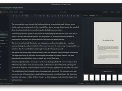 Cambric writing workspace with manuscript chapters, rich-text editor, and Kindle page preview.