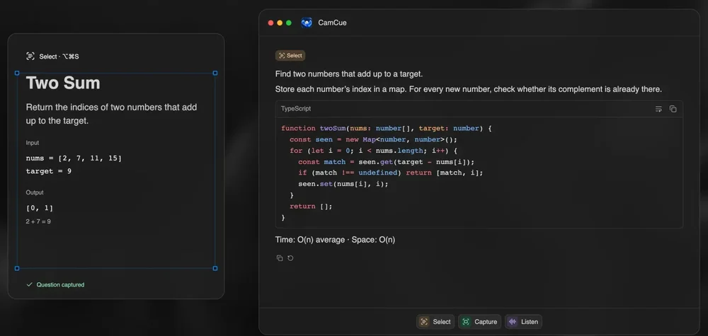 CamCue window shows a captured Two Sum coding problem and a TypeScript solution with time and space complexity notes.