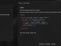 CamCue window shows a captured Two Sum coding problem and a TypeScript solution with time and space complexity notes.