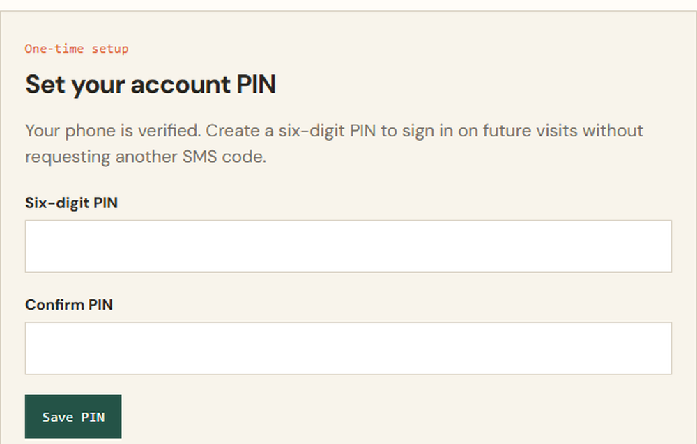 Campfire SMS account setup screen prompting the user to set and confirm a six-digit PIN, with a Save PIN button.