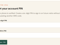 Campfire SMS account setup screen prompting the user to set and confirm a six-digit PIN, with a Save PIN button.