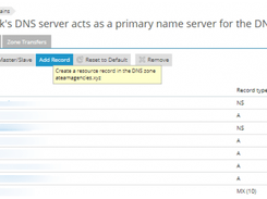 Plesk DNS zone page listing DNS records, including NS, A, and MX record types, with an “Add Record” button highlighted.