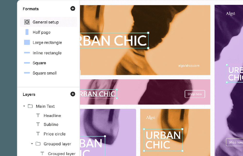 Design-editor interface with a Formats sidebar, Layers panel, and multiple editable “URBAN CHIC” ad layouts on the canvas.
