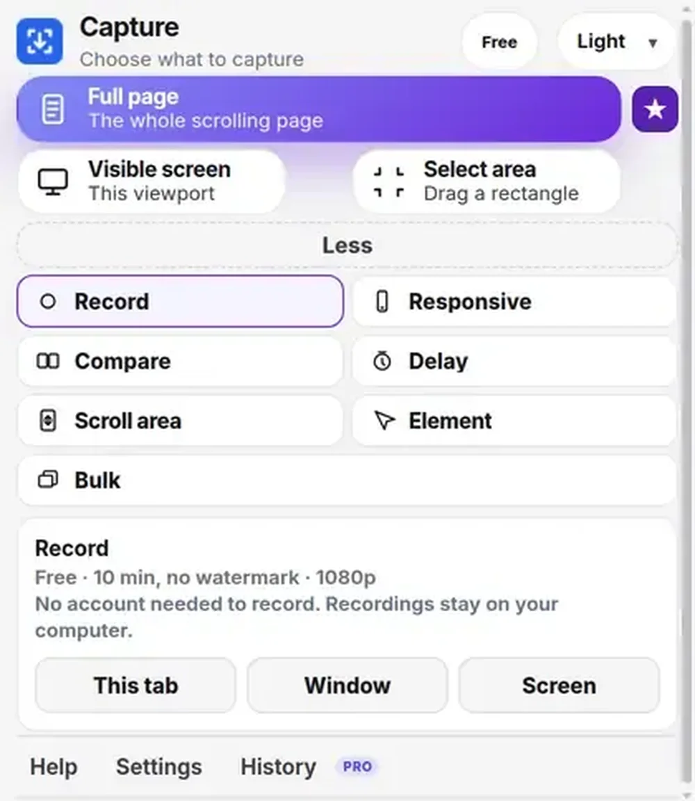 Capture browser extension panel with Full page, Visible screen, Select area, Record, Responsive, Compare, Delay, Scroll area, Element, and Bulk capture options.