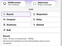 Capture browser extension panel with Full page, Visible screen, Select area, Record, Responsive, Compare, Delay, Scroll area, Element, and Bulk capture options.