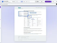 Capture Screenshot Editor interface showing a full-page IANA-managed Reserved Domains capture with blue annotation boxes.