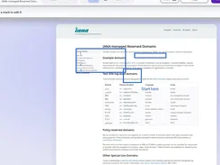 Capture screenshot editor displaying an IANA-managed Reserved Domains page with blue annotation boxes and a “Start here” label.