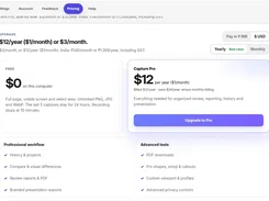 Capture pricing page comparing the Free plan with Capture Pro, including annual and monthly billing controls and an Upgrade to Pro button.