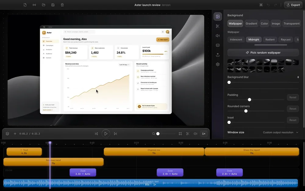 Capture Studio video-editing workspace showing a preview canvas, Background settings panel, multitrack timeline with text and zoom clips, audio waveform, and Export button.