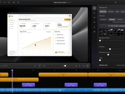 Capture Studio video-editing workspace showing a preview canvas, Background settings panel, multitrack timeline with text and zoom clips, audio waveform, and Export button.