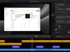 Capture Studio editing workspace showing a selected rectangular mask over a dashboard preview, Sensitive mask settings, movement tracking control, and multitrack timeline.