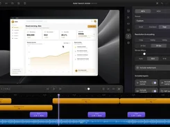 Capture Studio editing workspace with an export settings panel showing MP4, MOV, and GIF options, quality, resolution, frame-rate, bitrate, aspect-ratio, and layer toggles.