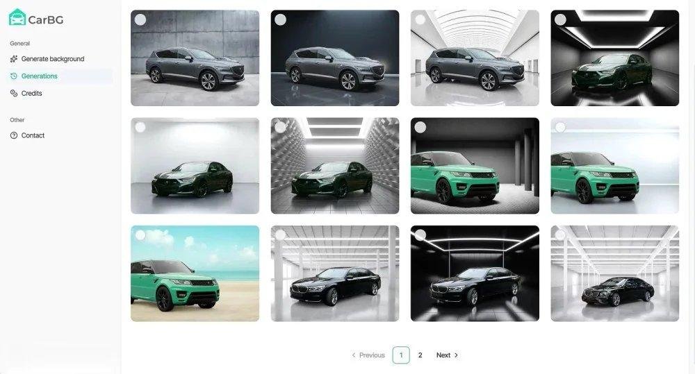 CarBG web app Generations page showing a sidebar and a grid of generated vehicle images in varied backgrounds, with pagination controls.