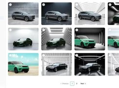 CarBG web app Generations page showing a sidebar and a grid of generated vehicle images in varied backgrounds, with pagination controls.
