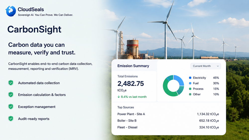CarbonSight promotional graphic with a carbon-emissions dashboard showing total emissions, a donut chart, and top emission sources over a wind-farm and industrial-site background.