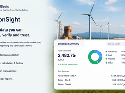 CarbonSight promotional graphic with a carbon-emissions dashboard showing total emissions, a donut chart, and top emission sources over a wind-farm and industrial-site background.
