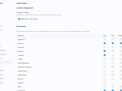 CareCircle Admin Portal staff settings page showing assigned location and a permissions matrix with view, edit, and create checkboxes.