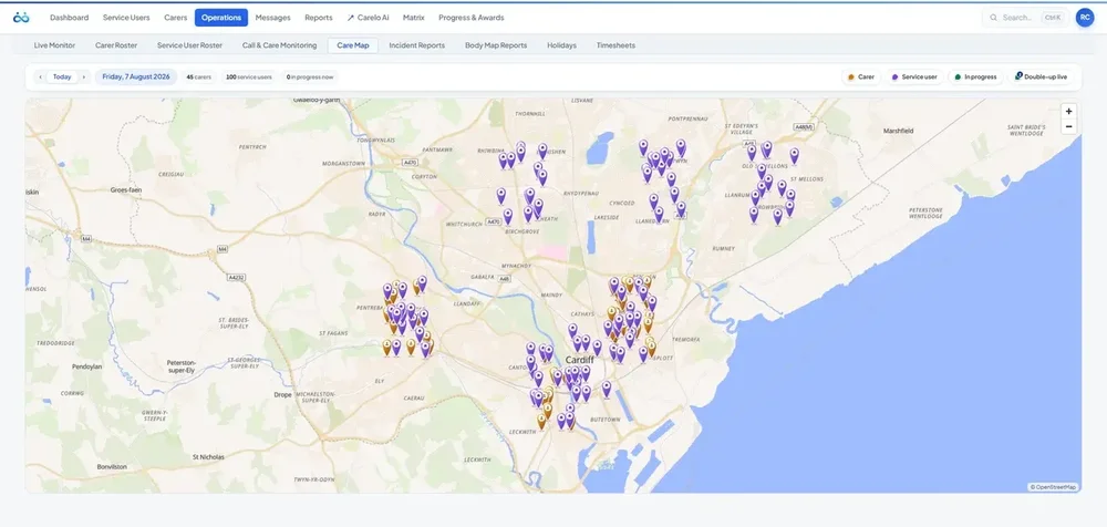 Carelo Care Map screen showing a map around Cardiff with many color-coded location pins and a legend for carers, service users, and visits in progress.