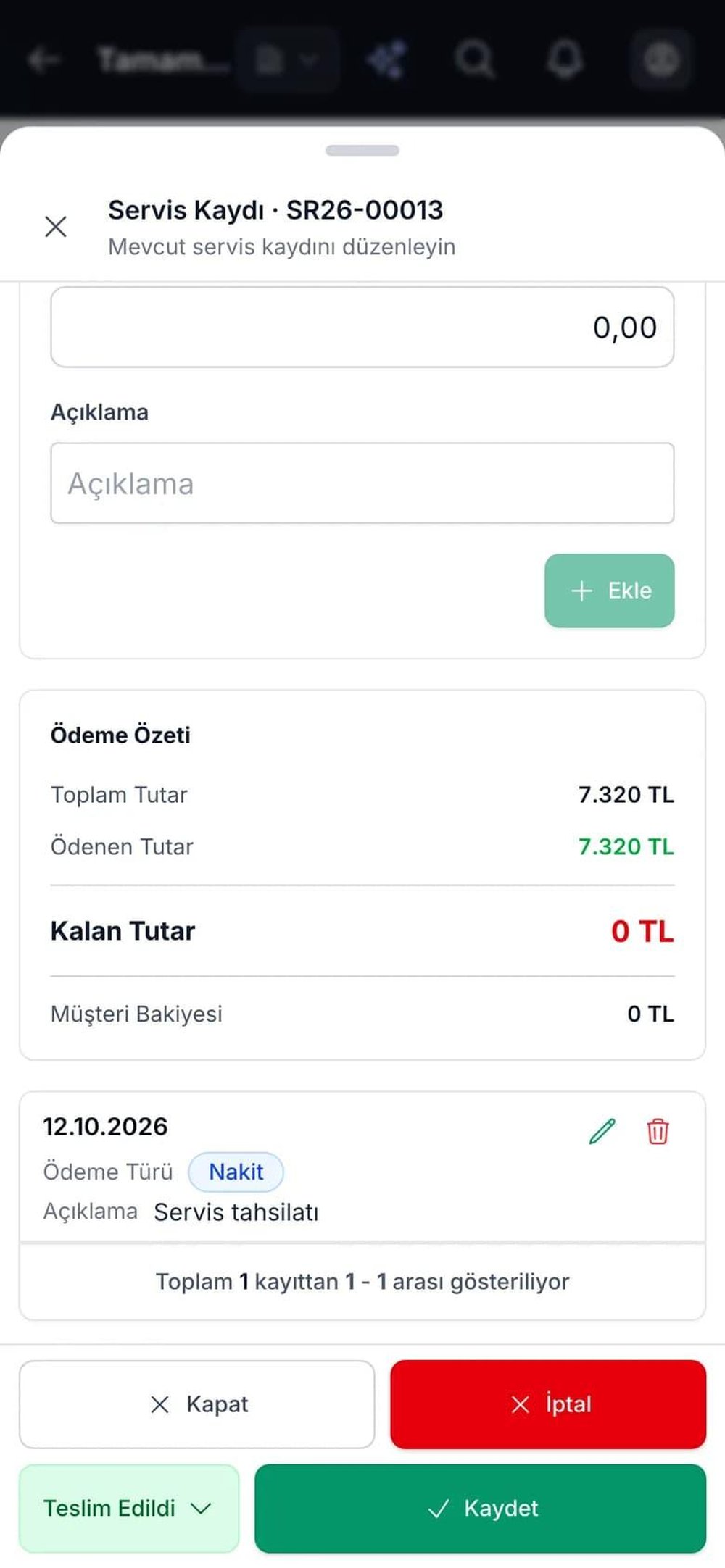 Carzi mobile payment screen showing a payment summary, one cash-payment record, and status controls.