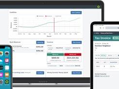 Farm Focus in the browser on laptop, tablet and phone, with no download needed. Dairy dashboard, a GST tax invoice matched to its bank transaction, and document storage for invoices and receipts.