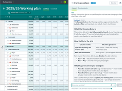 Farm Assistant AI explains the Working Plan in plain language, next to the cash flow grid showing sheep, beef and wool income and farm expenses by month.