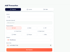 Add an income or expense in seconds with category and account