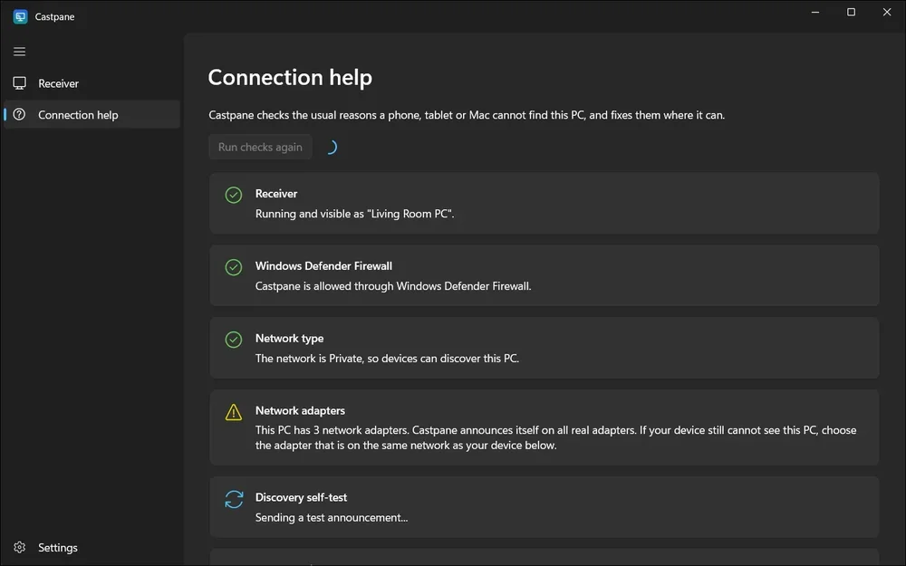 Castpane Connection help screen listing receiver, firewall, network type, network adapters, and discovery self-test status checks.