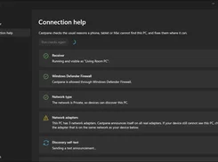 Castpane Connection help screen listing receiver, firewall, network type, network adapters, and discovery self-test status checks.