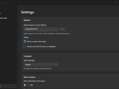 Castpane Settings screen with receiver name, screen-mirroring or audio-only mode, language selection, and full-screen mirroring toggle.