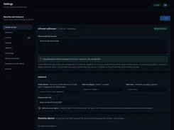 Castreon settings page showing restricted stream-access addresses, instance configuration fields, token setting, time zone, and recently rejected requests.