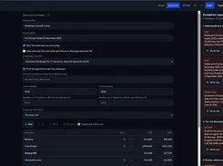 Castvana editor for a statement of profit or loss, with statement settings, year columns, financial rows, and exception-report panel.