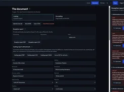 Castvana document settings screen with casting-report export controls, entity and reporting-period fields, PDF layout settings, and exception reports.