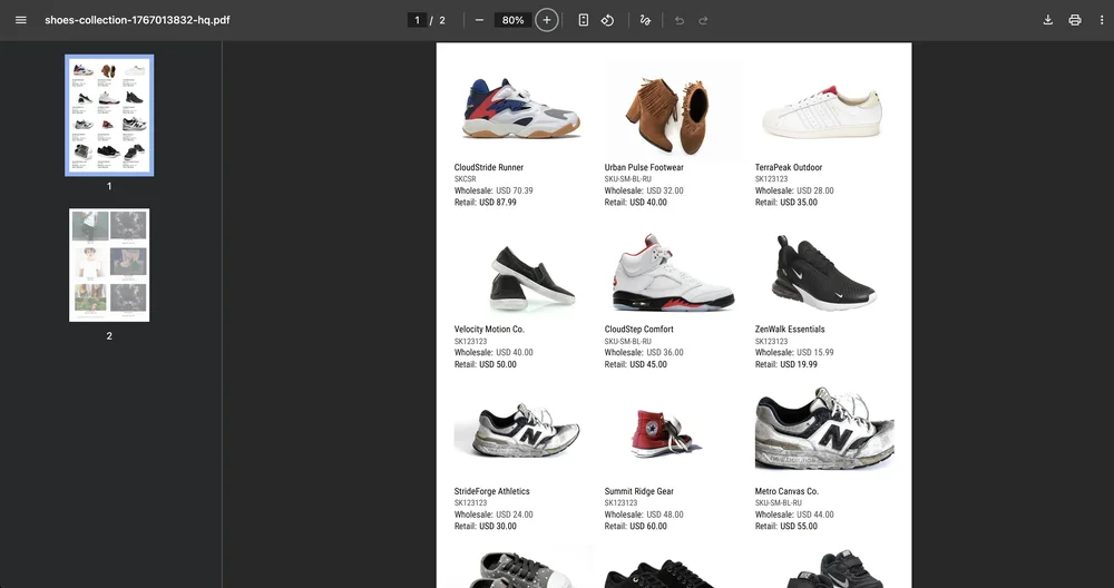 A PDF viewer displaying a multi-item shoe catalog page with product photographs, SKUs, wholesale prices, and retail prices.