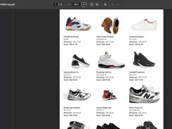 A PDF viewer displaying a multi-item shoe catalog page with product photographs, SKUs, wholesale prices, and retail prices.