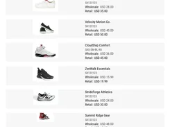 A vertical shoe catalog list with product thumbnails, names, SKUs, wholesale prices, and retail prices.