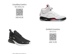 A shoe catalog page with three product images, names, SKUs, QR codes, and USD prices.