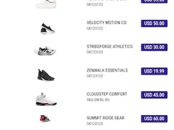 A compact vertical shoe price list with small product images, product names, SKUs, and blue USD price labels.