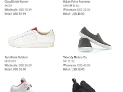 A two-column shoe catalog grid with product photographs, names, SKUs, wholesale prices, and retail prices.