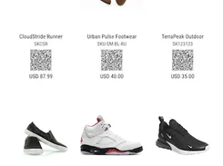 A six-item shoe catalog grid with product photos, names, SKUs, QR codes, and USD prices.