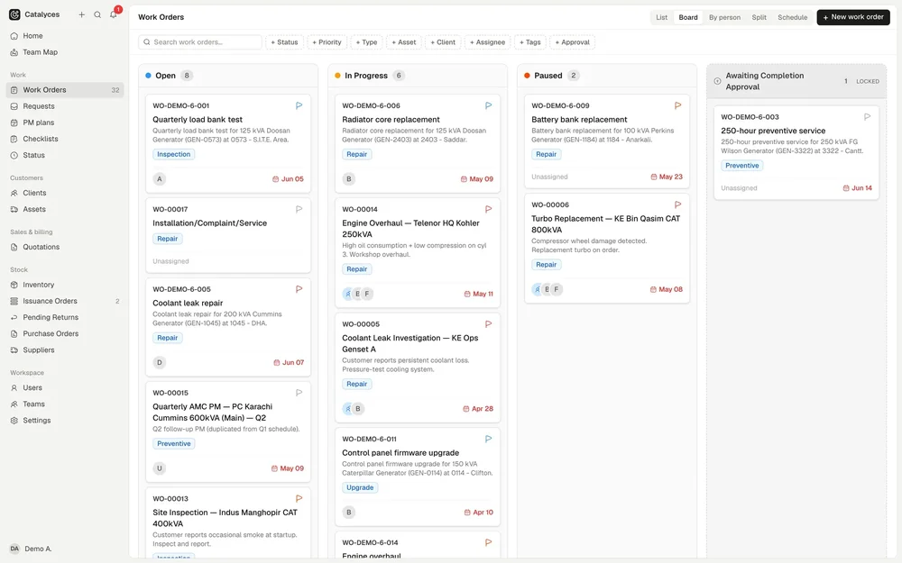 Catalyces web app showing a kanban-style Work Orders board with columns for Open, In Progress, Paused, and Awaiting Completion Approval.