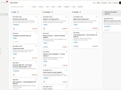 Catalyces web app showing a kanban-style Work Orders board with columns for Open, In Progress, Paused, and Awaiting Completion Approval.