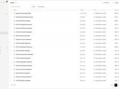 Catalyces Assets page listing generator assets with asset numbers, client organizations, and locations.