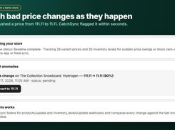 CatchSync interface example showing store monitoring status, a recent price-change anomaly for a snowboard product, and a button to revert the price.