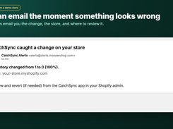 CatchSync email alert example reporting an inventory change from 1 to 0 and directing the recipient to review it in the Shopify admin app.