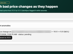 A sudden price change gets flagged within seconds, and one click restores the last known-good price.